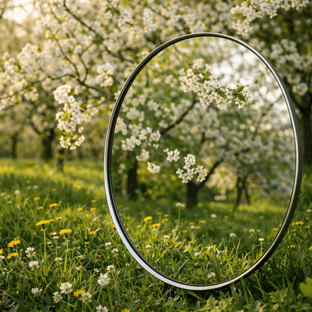 Upset woman looking away with a mirror reflecting a smiling couple hugging in a garden