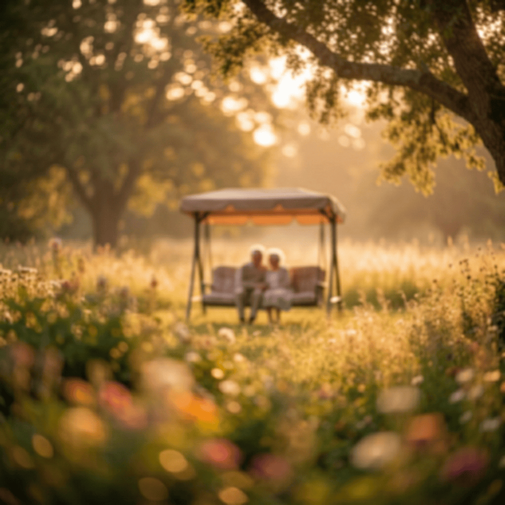 Older couple sitting together on a swing in a sunlit flower meadow